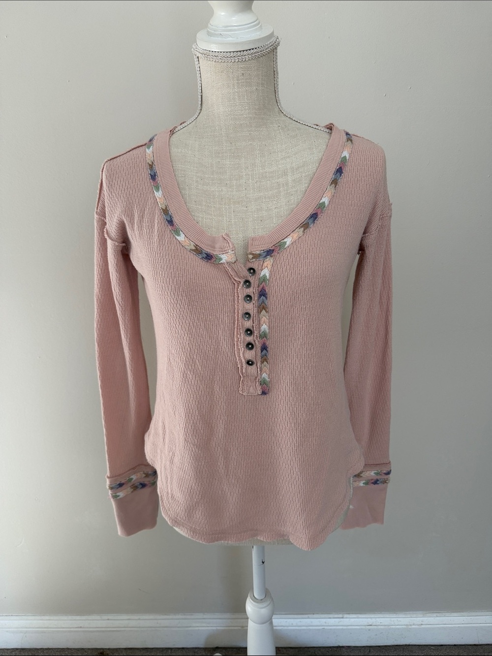 We The Free Dusty Pink Waffle Henley with Embroidered Trim